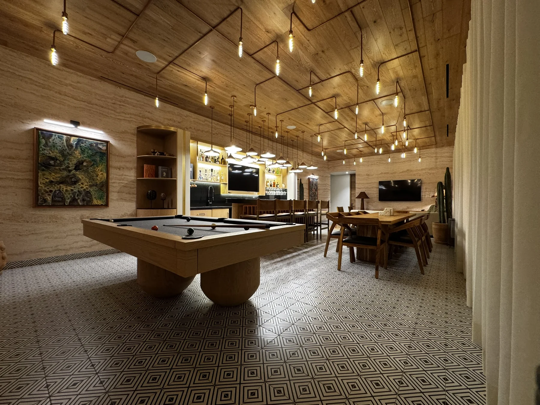Warm wood entertainment room designed by WeDesign